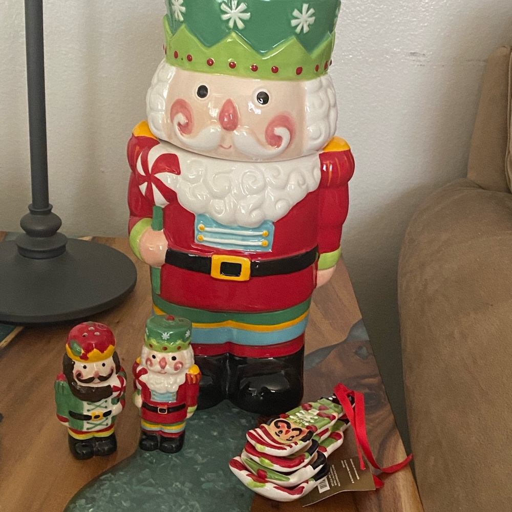 Nutcracker cookie jar, measuring spoons, cups and salt and pepper shakers